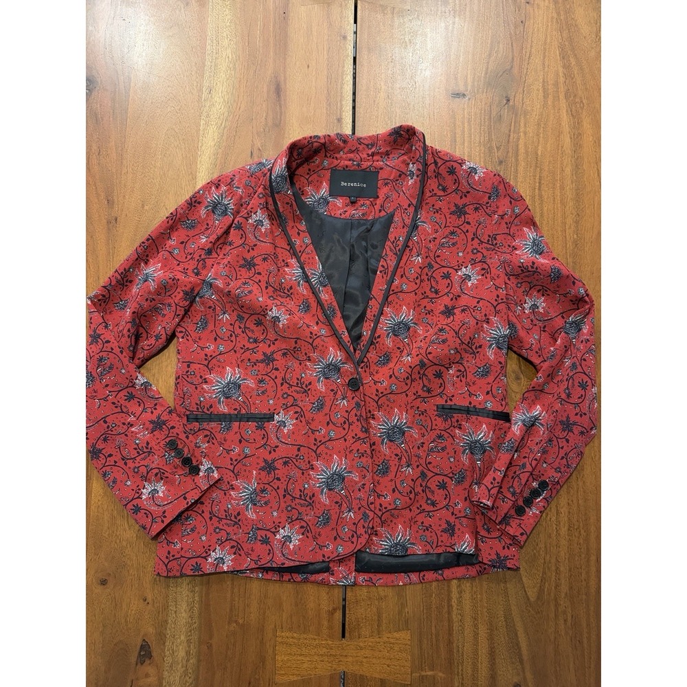 Berenice Red Black Floral Print Blazer Jacket Black Trim Pockets Size L